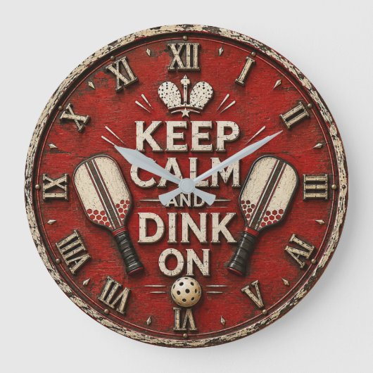 Funny Keep Calm and Dink On | Rustic Pickleball Große Wanduhr (Vorderseite)