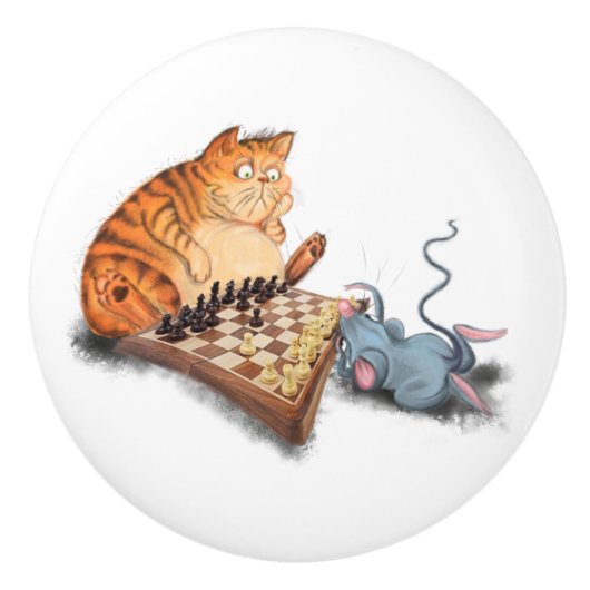 Funny Keramik Knob Cat und Maus Playing Schach Keramikknauf (Vorderseite)