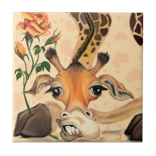 Funny Keramik Tile Giraffe mit Rose Fliese (Vorderseite)