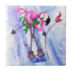 Funny Keramik Tile mit rosa Flamingo Skier Fliese