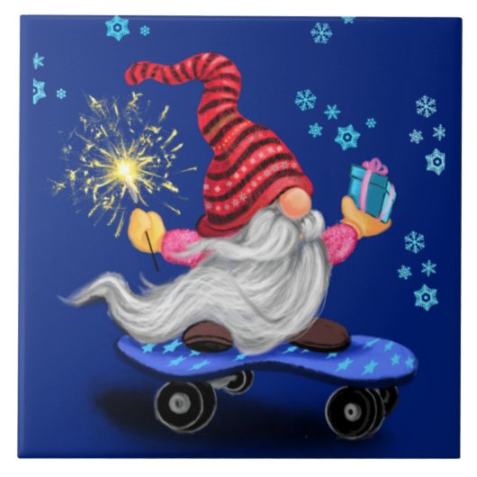 Funny Keramik Tile Niedlicher Skater Gnome mit Ges Fliese (Vorderseite)