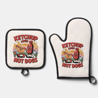 Funny Ketchup und Hot Dog Cartoon Retro Food Art Ofenhandschuh & Topflappen-Set