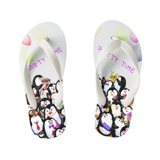 Funny Kid's Flip Flops mit Happy Pinguins Party Kinderbadesandalen (Fußbett)
