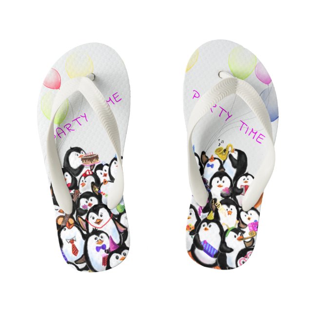 Funny Kid's Flip Flops mit Happy Pinguins Party Kinderbadesandalen (Fußbett)
