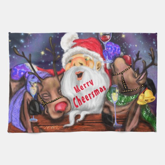 Funny Kitchen Handtuch Santa mit Rentieren (Horizontal)