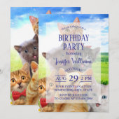 Funny Kittens auf grünem Feld. Einladung (Vorne/Hinten)