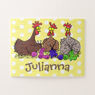 Funny knitting chickens cartoon illustration puzzle
