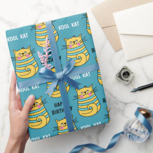 Funny Kool Kat Cartoon Blue Birthday Geschenkpapier