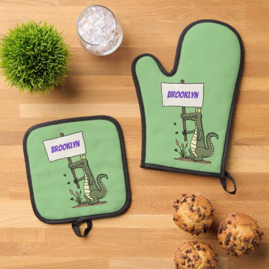 Funny Krocodil-Alarm mit Schild Cartoon Ofenhandschuh & Topflappen-Set (Oben Unten)