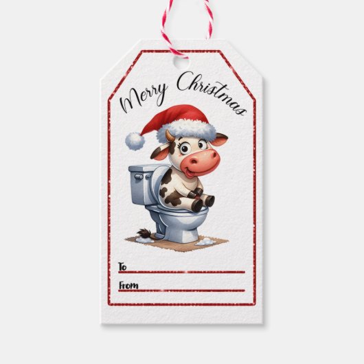 Funny Kuh-on-Toilette Weihnachtsmarke Geschenkanhänger (Vorderseite)