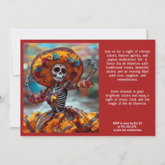 💀 Funny La Calavera in orangefarbenem Kleid Einladung (Rückseite)