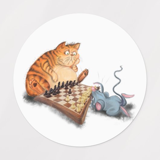 Funny Labels Cat and Mouse Playing Schach Cartoon Etiketten (Design 3)