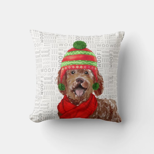 Funny Labradoodle Hund Wasserfarbe Weihnachten Kissen (Vorderseite)