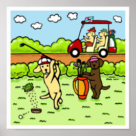 Funny Labrador Golfers Cartoon Gelbe Labrador Poster
