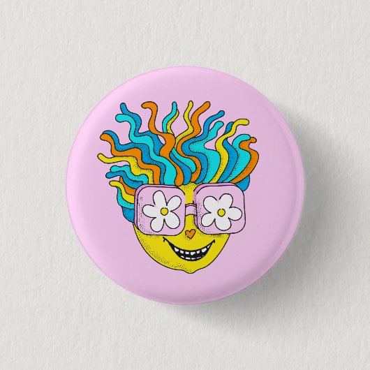 Funny Lächeln Charakter mit rosa Brillen farbig Button (Vorderseite)