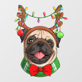 Funny lächelnd Weihnachts-Rentier-Mops mit Licht Fensteraufkleber (Blatt)