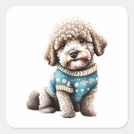 Funny Lagotto Romagnolo in Weihnachts-Sweater Quadratischer Aufkleber