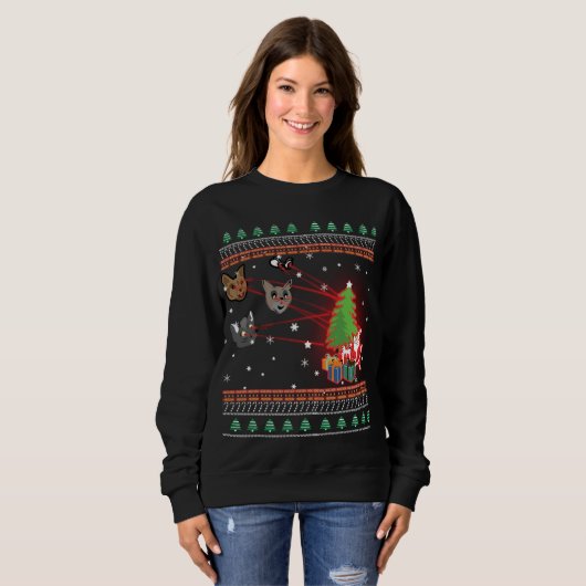 Funny Laser Eyes Cat Ugly Christmas Lights Sweater Sweatshirt (Vorne ganz)