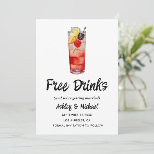 Funny Lässig einzigartig Free Drinks Hochzeitsfeie Save The Date (Stehend Vorderseite)