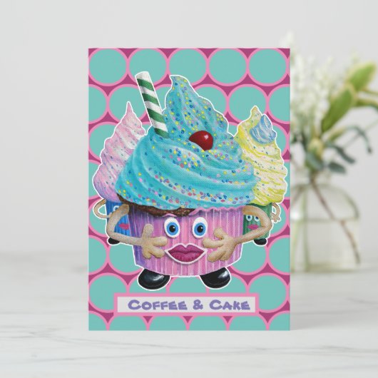 Funny lässig Friends, Familienkuchen und Kaffee Einladung (Stehend Vorderseite)