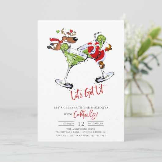 Funny Let's Get Lit Holiday Cocktail Party Einladung (Stehend Vorderseite)