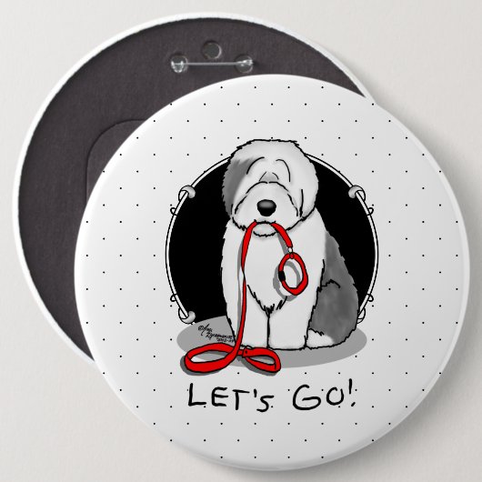 Funny Let's Go! Walk Old English Sheepdog (Grau 1) Button (Vorne & Hinten)