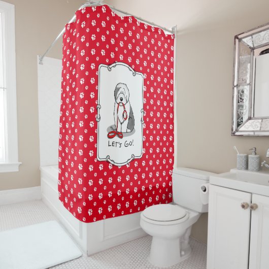 Funny Let's Go! Walk Old English Sheepdog (Grau 1) Duschvorhang (Beispiel)