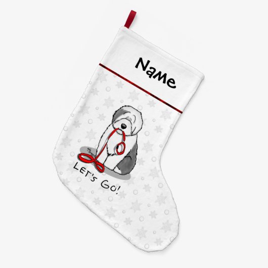 Funny Let's Go! Walk Old English Sheepdog (Grau 1) Großer Weihnachtsstrumpf (Vorderansicht (hängend))