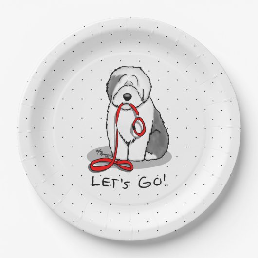 Funny Let's Go! Walk Old English Sheepdog (Grau 1) Pappteller (Vorderseite)