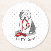 Funny Let's Go! Walk Old English Sheepdog (Grau 1) Runder Pappuntersetzer (Vorderseite)