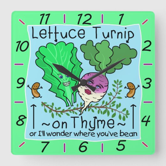 Funny Lettuce Turnip Thyme Gemüsepuppe Cartoon Quadratische Wanduhr (Vorderseite)