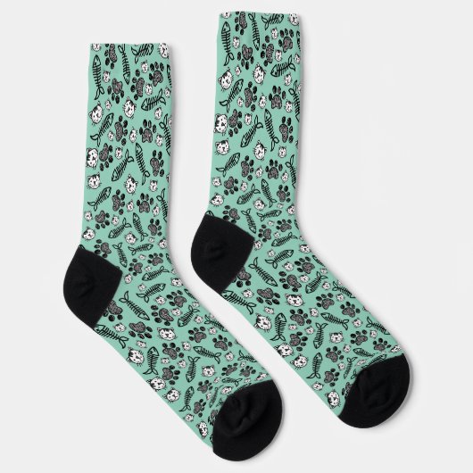 Funny Light Blue Black and White Cats Zeichnend Socken (Rechts)