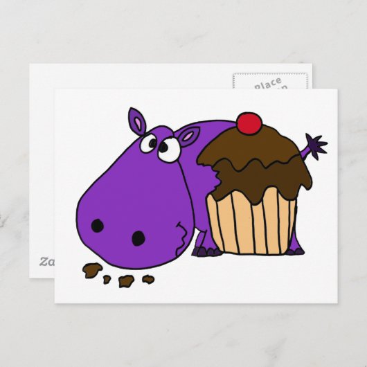 Funny Lila Hippo Eating Cupcake Postkarte (Vorne/Hinten)