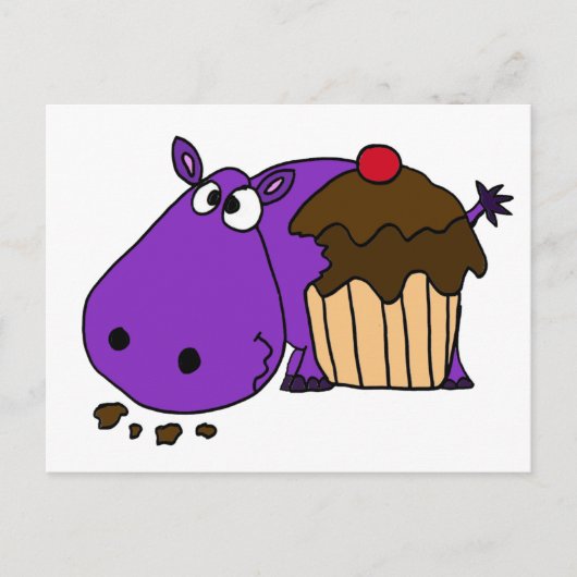 Funny Lila Hippo Eating Cupcake Postkarte (Vorderseite)