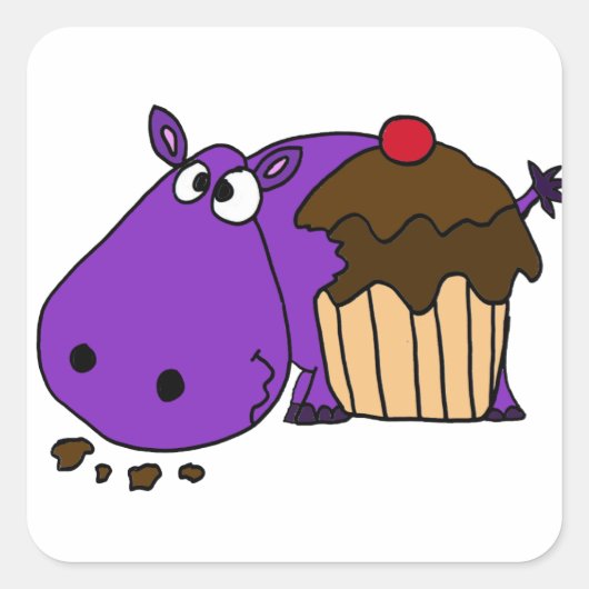 Funny Lila Hippo Eating Cupcake Quadratischer Aufkleber (Vorderseite)