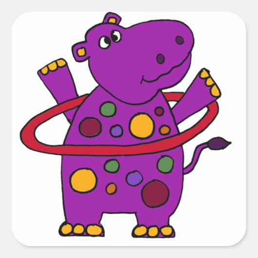 Funny Lila Hippo Playing Hula Hoop Quadratischer Aufkleber (Vorderseite)
