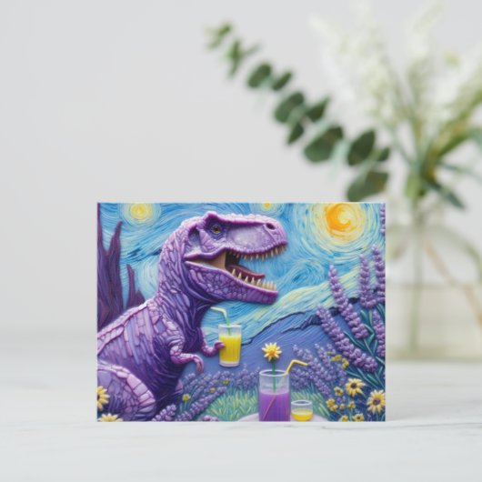 Funny lila T-Rex mit Limonade-Fantasie Postkarte (Stehend Vorderseite)