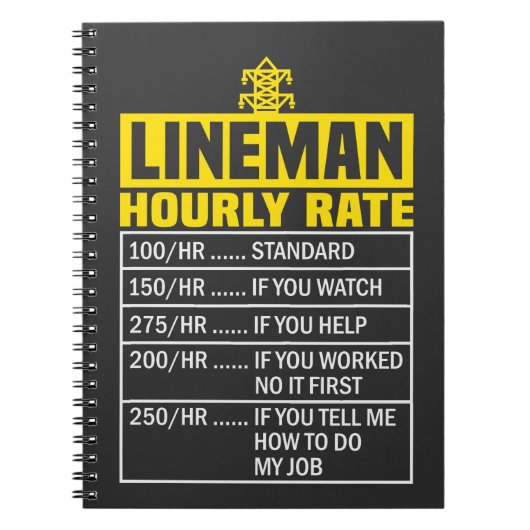 Funny Lineman Stundenrate Black Spiral Notebook Notizblock (Vorderseite)