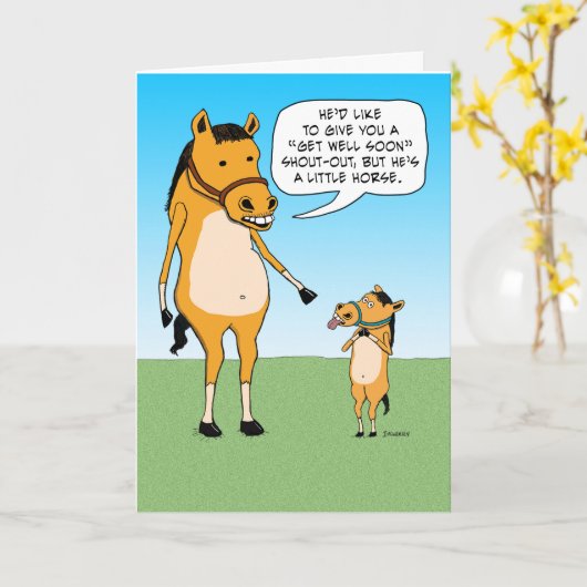 Funny Little Horse kommt bald wieder gut Karte (Gelbe Blume)