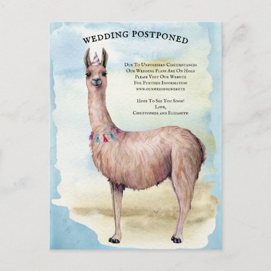 Funny Llama Blue Hochzeit verschoben Datum ändern Postkarte (Vorderseite)