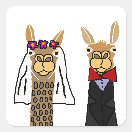 Funny Llama Bride und Groom Wedding Art Quadratischer Aufkleber (Vorderseite)