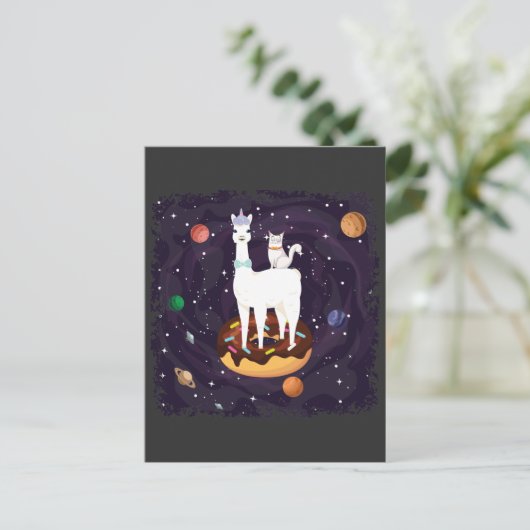Funny Llama Einhorn mit Katze auf einer Donut Gala Postkarte (Stehend Vorderseite)