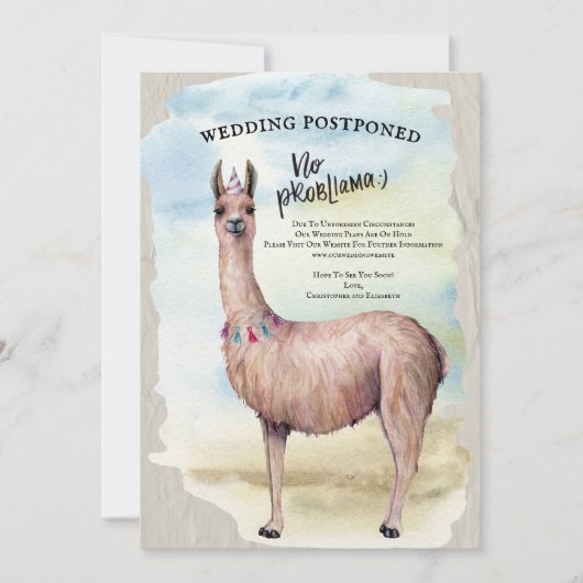 Funny Llama Hochzeit Foto verschoben Datum ändern Einladung (Vorderseite)