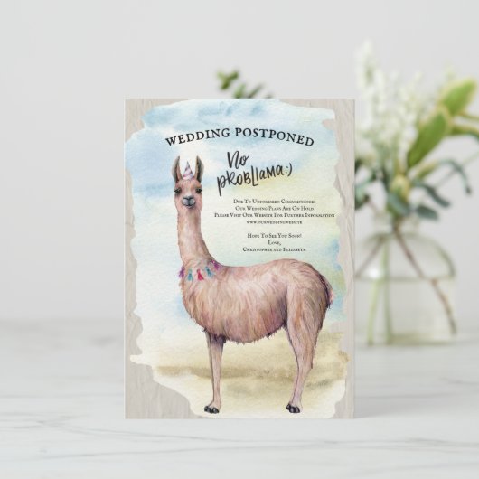 Funny Llama Hochzeit verschoben Datum Wasserfarbe Einladung (Stehend Vorderseite)