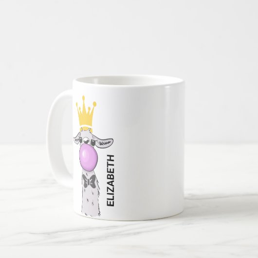 Funny Llama Illustration bläst eine rosa Blase Kaffeetasse (Vorderseite Links)