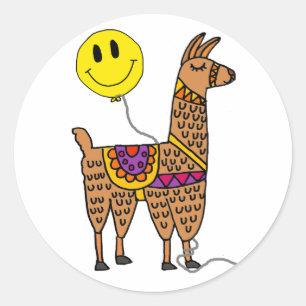 Funny Llama mit Smiley Balloon Cartoon Runder Aufkleber