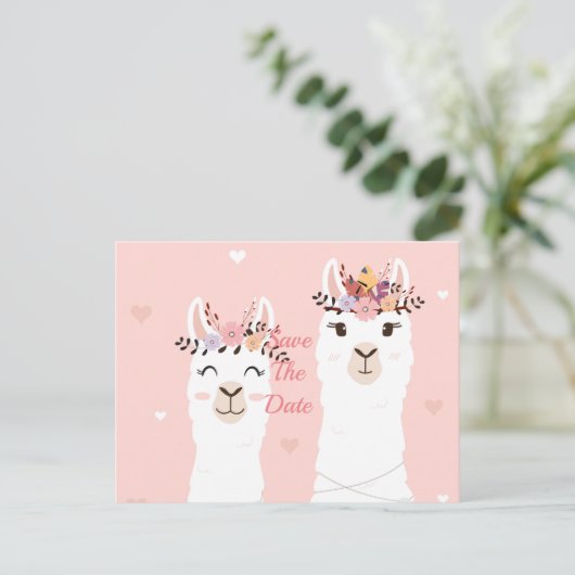 Funny Llama Save the Date Postkarte (Stehend Vorderseite)