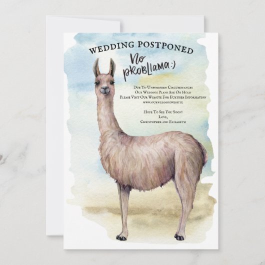 Funny Llama Watercolor Hochzeit verschoben Einladung (Vorderseite)