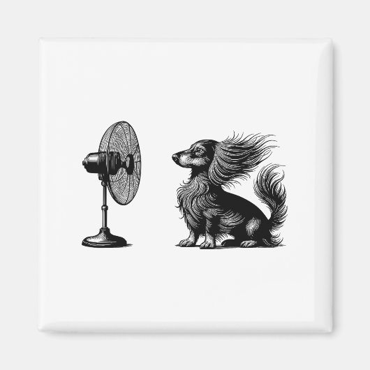 Funny Long Haired Dachshund Dog With Fan Doxie Wie Magnet (Vorne)