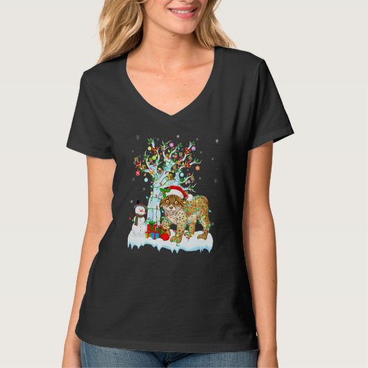 Funny Lynx Xmas Tree Lighting Weihnachtsmannmütze  T-Shirt (Vorderseite)